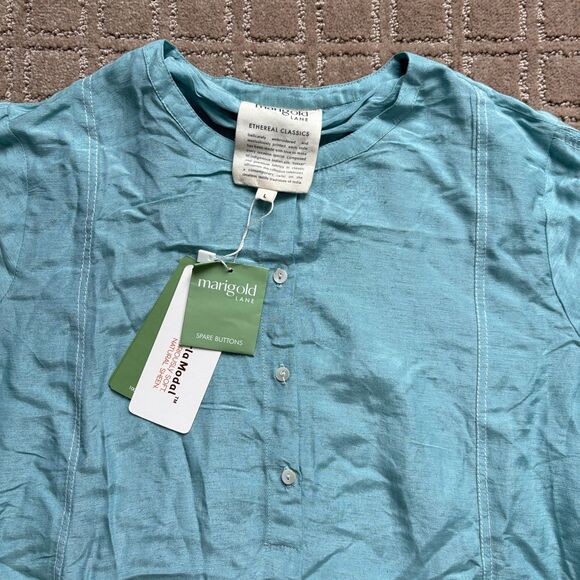 Marigold Lane Solid Round Neck Top Linen Blend Women's L Blue Casual India NWT - Picture 2 of 9